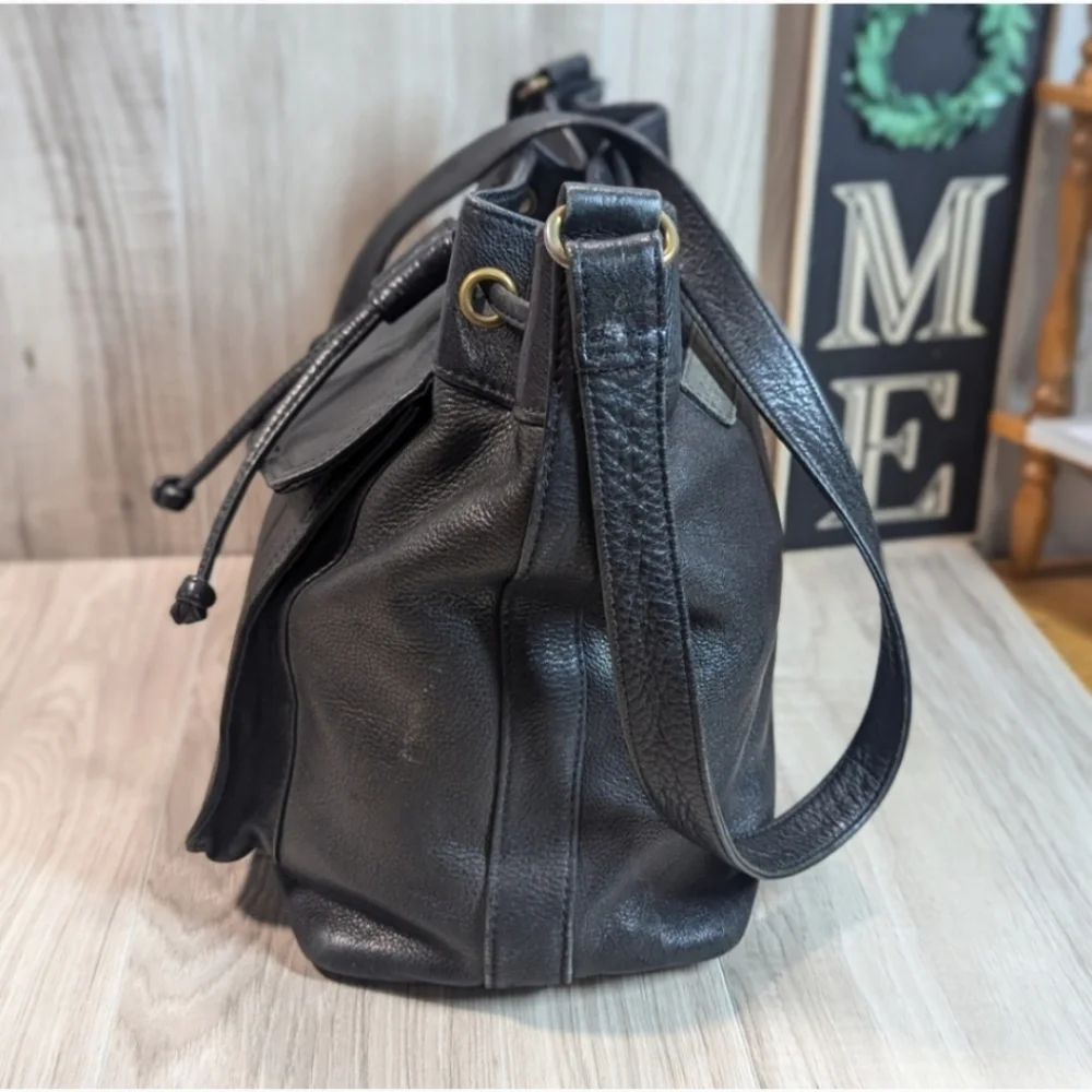 Women's Vintage Fossil Purse Black Leather Bucket Draw String - Picture 4 of 10